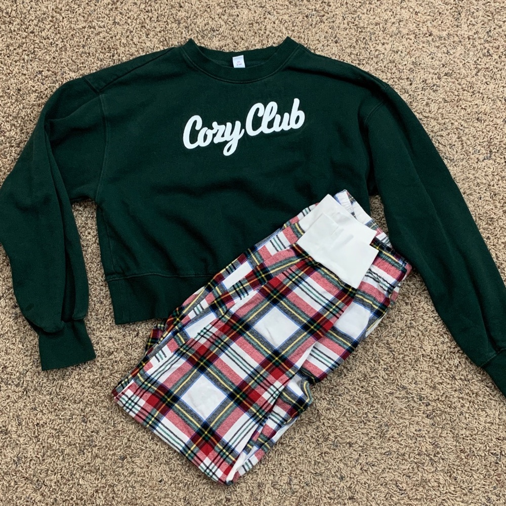 Old Navy Green Plaid Cozy Club Pajama Set Small TALL